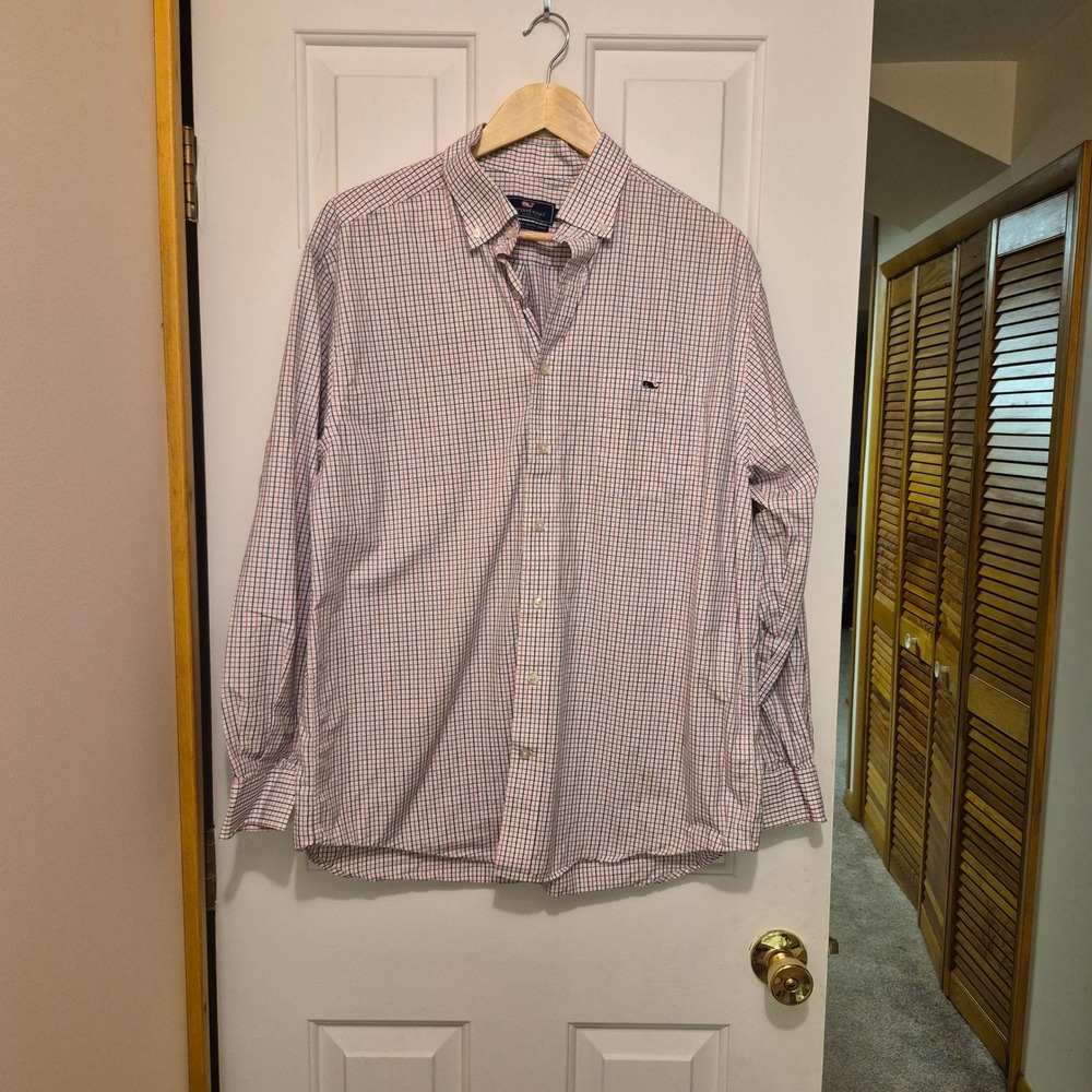 Vineyard Vines Mens Large Classic‎ Fit Tucker Shirt Red Blue Tattersall Check L